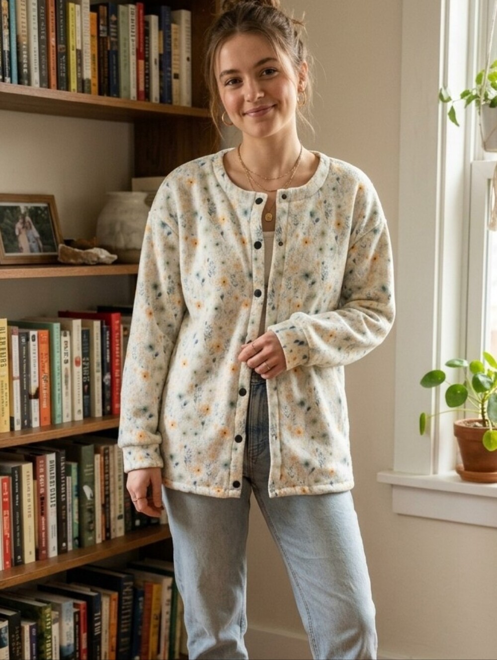 NEW Women's Floral Button-Front Cardigan Sweater White w/ Yellow & Blue Flowers